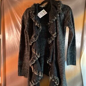 Tempo París asymmetrical cardigan. Gray heather real rabbit fur edging. M/l 350‎